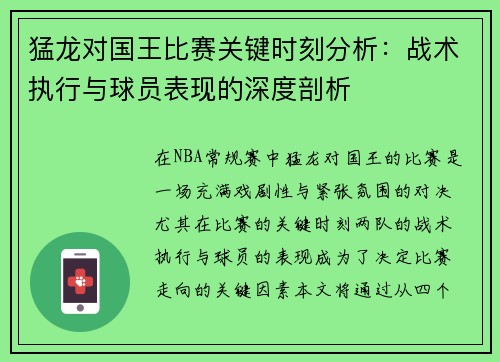 猛龙对国王比赛关键时刻分析：战术执行与球员表现的深度剖析